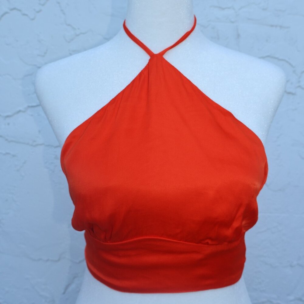 Zara Bright Orange Satin Effect Halter Top Worn Once
